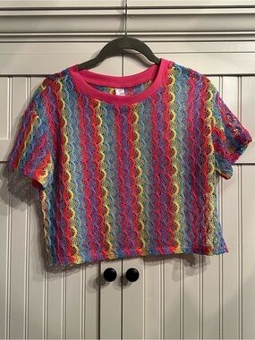No Boundaries Rainbow Crochet Crop Top with Pink Trim